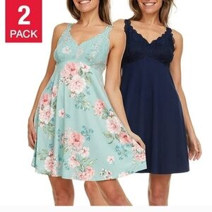 Flora Nikrooz 2-Pack V-Neck Lightweight Soft Lace Trim Chemise M Navy Floral